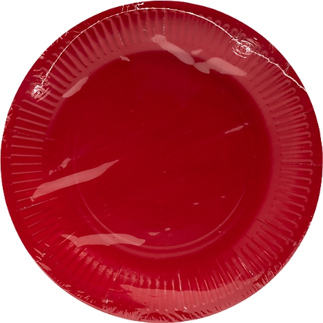 Roter Pappteller in Plastikfolie verpackt, mit geriffeltem Rand.
