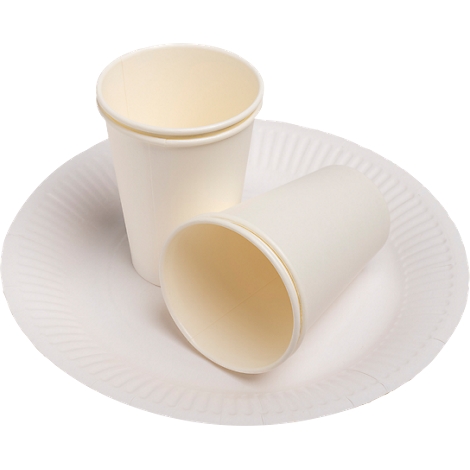 Zwei Becher auf einem Pappteller. Ein Becher steht, der andere liegt.