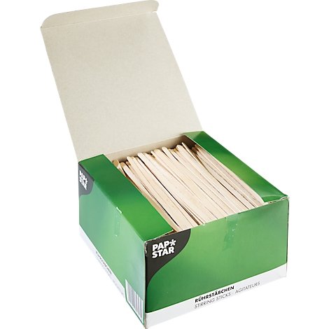 Une boîte en carton verte ouverte remplie de nombreux bâtonnets en bois. Sur la boîte, on peut lire "PAP*STAR".