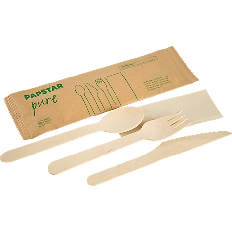 Holzbesteck-Set mit Löffel, Gabel, Messer und Servietten in Papierverpackung. Aufdruck: Papstar pure.