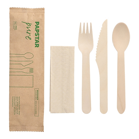 Besteck-Set aus Holz mit Papierserviette und Papiertüte mit Aufdruck "PAPSTAR pure".