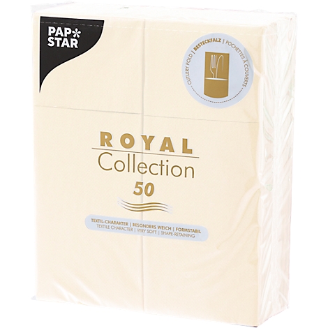 Verpackung von Servietten, cremefarben, "Royal Collection" mit 50 Stück. Aufdrucke mit Produktinformationen.
