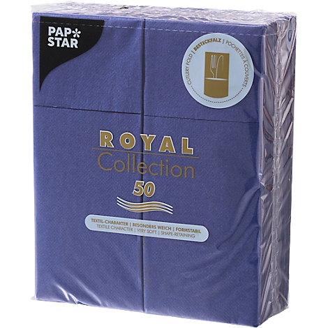 Blaues Servietten-Paket in Folie. Aufdruck: "ROYAL Collection 50", Logo Pap Star. Zusatzhinweis: Textil Charakter, besonders weich, formstabil.