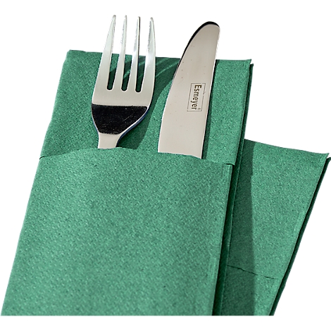 Gabel und Messer in grüner Papiertasche. Messer mit 'Esmeyer'-Schriftzug.