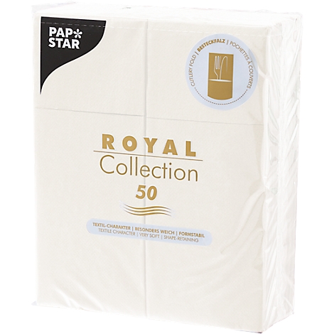 Verpackung mit cremefarbenen Servietten, Aufschrift "Royal Collection 50".