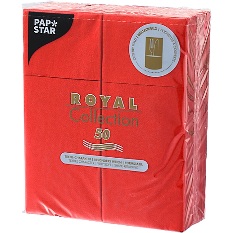 Rood servettenpakket met de woorden "ROYAL Collection 50", verpakt in folie.