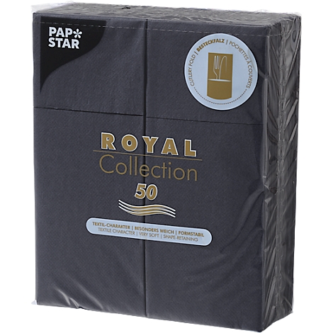Donkere servettenverpakking met "Royal Collection 50" print. Sticker met besteksymbool en tekst. Verpakt in transparante folie.