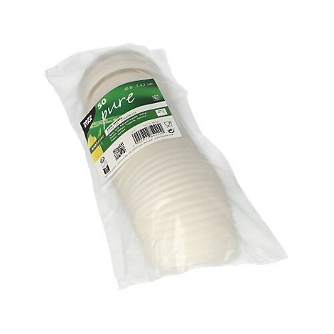 Un paquet de 50 gobelets en papier blanc et nervuré dans du plastique transparent. L'étiquette indique "So Pure".