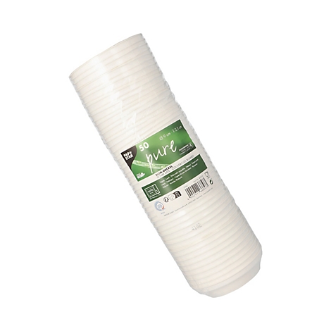 Rouleau de gobelets en papier blancs, enveloppé dans une pellicule plastique, avec une étiquette verte et du texte.