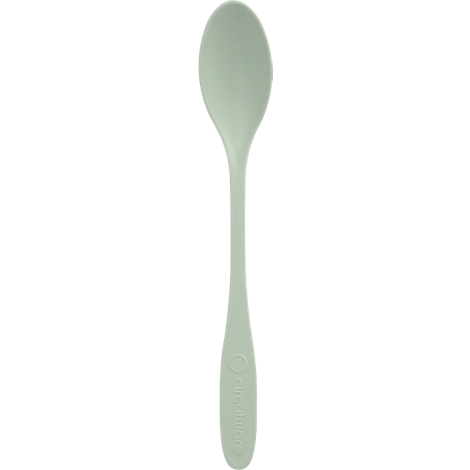 Cuillère en silicone vert clair, allongée avec une cuillère arrondie, manche avec lettrage.