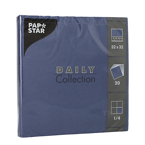 Donkerblauwe servettenverpakking in folie. Opdruk: PAP STAR, DAILY Collection, 32x32cm, 20 stuks, 1/4 vouw.