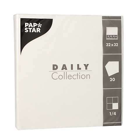 Vierkante papieren servettenverpakking, wit, met logo. Opschrift: "Daily Collection".