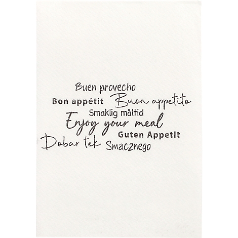 Tekst in meerdere talen, waaronder 'Enjoy your meal', op een witte achtergrond.