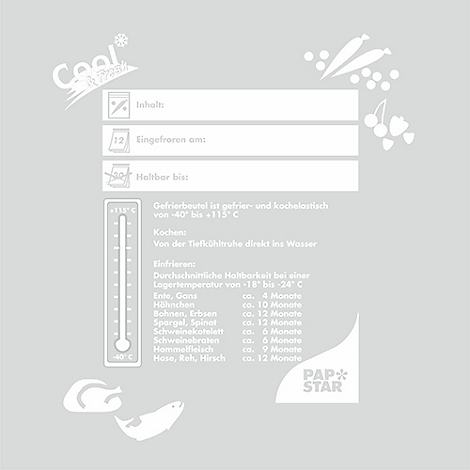 Grauer Hintergrund mit weißen Elementen. Oben links das Logo "Cool", darunter leere Kästchen und eine Tabelle mit Angaben zur Haltbarkeit von gefrorenen Lebensmitteln.