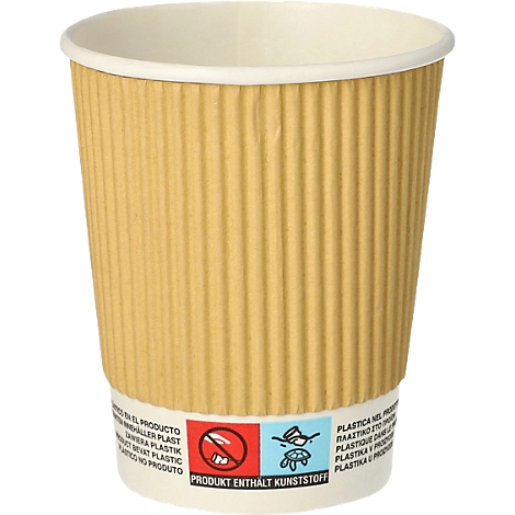 Gobelet en papier brun avec une enveloppe en papier ondulé. Inscription : Le produit contient du plastique.