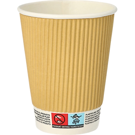 Gobelet avec paroi extérieure marron ondulée et bord blanc. Autocollant : Le produit contient du plastique.