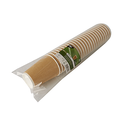 Paquet de gobelets en carton brun ondulé avec bords blancs, dans une feuille transparente. Autocollant avec informations sur le produit.