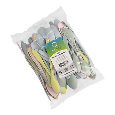 Packung mit wiederverwendbaren Löffeln in Pastellfarben. Löffel-Etikett mit Barcode und Text.