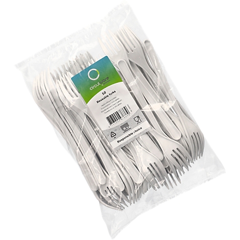 Plastikgabeln in Plastiktüte. Aufschrift: 50 wiederverwendbare Gabeln.