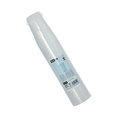 Bündel transparente Plastikbecher. Aufgedrucktes Etikett mit Produktinformationen.