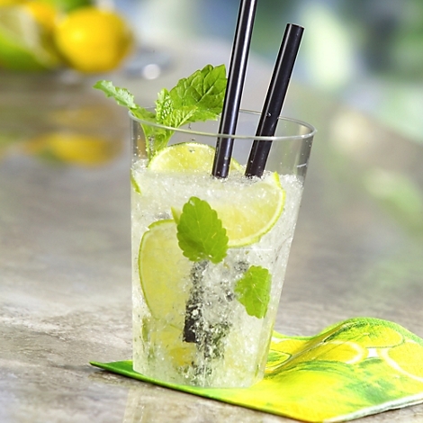 Ein Mojito in einem Glas, mit Limettenscheiben, Minze und Eiswürfeln. Zwei schwarze Strohhalme stecken im Getränk. Auf einem gelb-grünen Untersetzer.