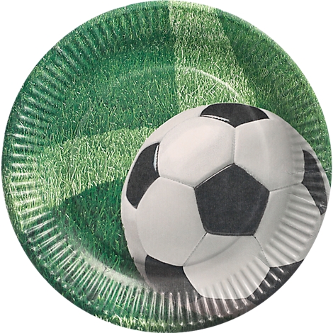 Teller mit Fussball-Design, grünem Gras Hintergrund und einem Fussball.