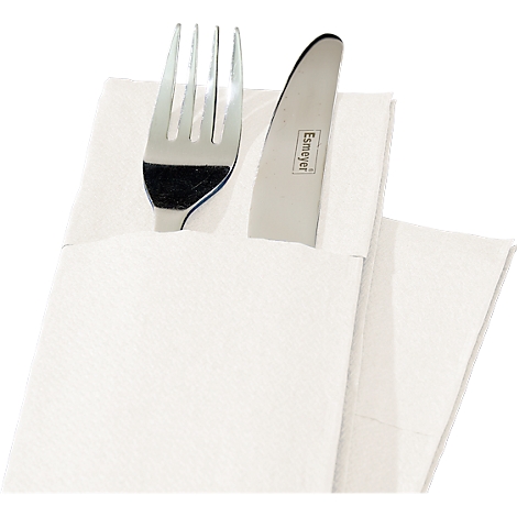 Fourchette et couteau pliés dans une serviette blanche.