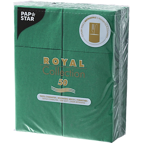 Un paquet de serviettes vertes avec l'inscription "ROYAL Collection 50". Emballé dans du film plastique.