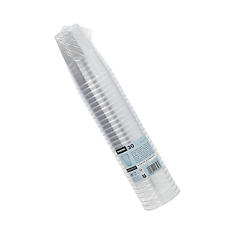 Un paquet de 30 gobelets en plastique transparent, en diagonale sur fond blanc. Les gobelets sont emballés dans du film plastique.