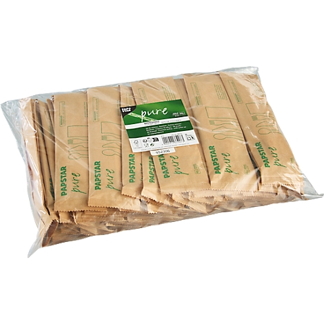 Grote plastic zak met bruine papieren suikersticks bedrukt met een groen "pure" logo.