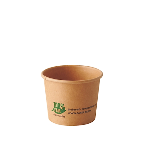 Bruine papieren kom met groen logo en tekst: 100% Fair, biobased-compostable. WWW.CARE4EARTH.