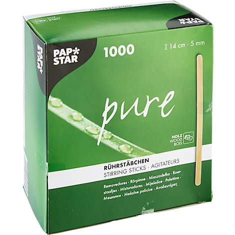 Groene kartonnen doos met 1000 roerstaafjes, opschrift "pure" en "HOLZ WOOD BOIS".