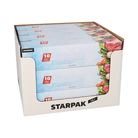 Une boîte de sacs de congélation STARPAK. Des informations sur le produit sont affichées sur les boîtes, notamment le nom et les informations sur les litres.
