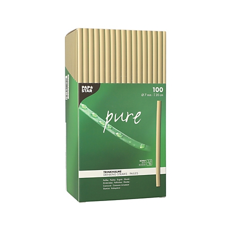 Verpackung von Trinkhalmen, grün-beige. Aufschrift: "pure", "100", "Trinkhalme".