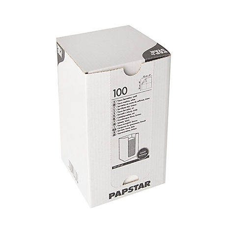 Witte kartonnen doos met opdrukken en het cijfer 100. Papstar logo onderaan.