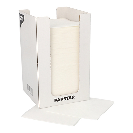 Serviettes en papier blanches dans un distributeur. “Papstar” est affiché sur le devant de la boîte.
