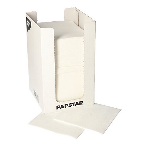 Weißer Papiertuch-Spender mit dem Schriftzug "PAPSTAR". Zwei Tücher liegen davor.