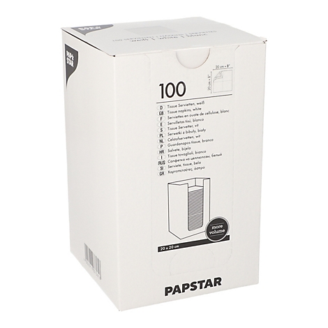 Weißer Pappkarton mit der Aufschrift "100" und verschiedenen Sprachvarianten von Servietten. Unten rechts Logo "PAPSTAR".