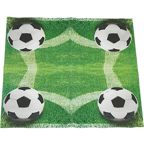 Quadratische Serviette mit Fußballmotiv: Vier Fußbälle auf Rasenfläche mit weißen Linien.
