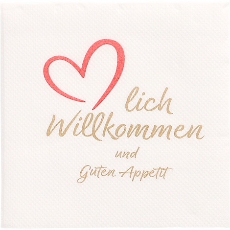Serviette mit rotem Herz und Schriftzug "Willkommen und Guten Appetit" in Gold.