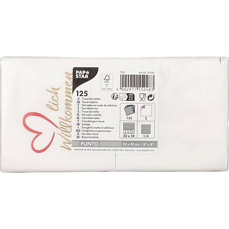 Paquet de serviettes blanches avec impression 'Bienvenue'. Forme de cœur et informations sur le produit visibles.
