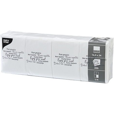 Paquet de serviettes en papier blanches avec impression. Impression en plusieurs langues : Buon Proveccho, Bon appétit, Enjoy your meal, Guten Appetit etc.