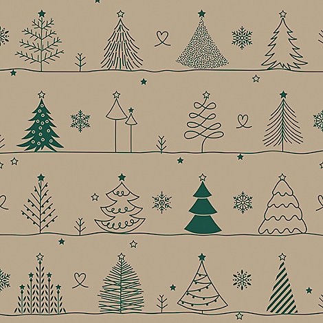 Différents sapins de Noël verts, étoiles et flocons de neige sur fond beige.