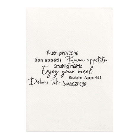 Ein cremefarbenes Servietten-Detail mit Texten in verschiedenen Sprachen: „Buen provecho“, „Bon appétit“, „Enjoy your meal“.