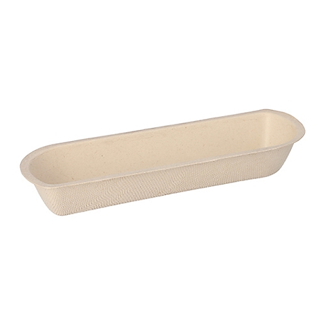 Bol en carton jetable beige et long. Coins arrondis, surface légèrement côtelée.