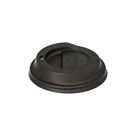 Couvercle noir pour une tasse à café, avec une ouverture pour boire et des bords légèrement surélevés.
