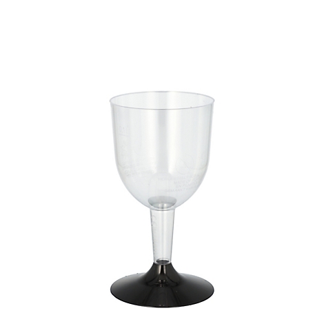 Verre à vin transparent avec base noire. Le calice est large et arrondi, la base est ronde.