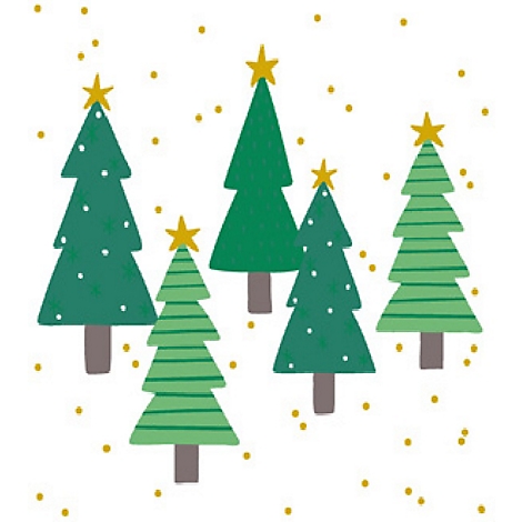 Illustration von fünf grünen Weihnachtsbäumen mit gelben Sternen an der Spitze und weißen Punkten auf einigen Bäumen, umgeben von gelben Punkten.