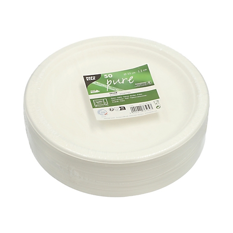 Ein Stapel weißer Pappteller mit Etikett '50 pure'.