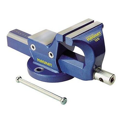 Blauwe bankschroef met gele belettering MAGNAT, inclusief klemhendel.